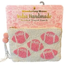 NWT India Handmade Pink & White Football Beaded Travel Pouch